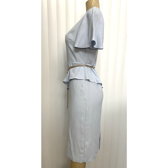 NWT Ted Baker Dress One Shoulder Baby Blue Peplum Sheath Chain Belt Midi 2 S 4 6 - Picture 2 of 10
